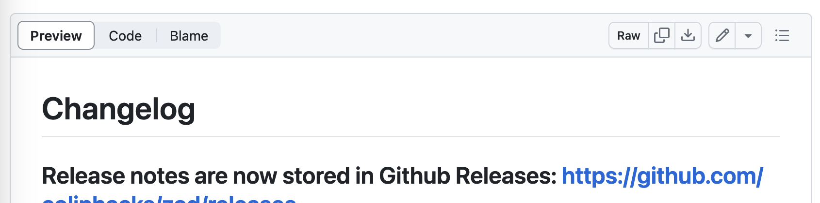 Example of Github repository changelog.md stating that "Release notes are now stored in Github Releases"